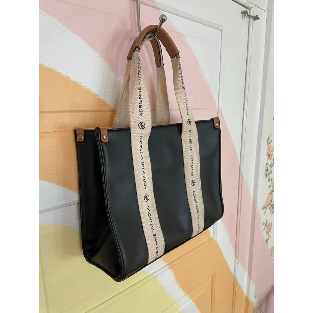 Adrienne Vittadini Montauk Tote Black Logo Strap Purse AV Charm - Picture 5 of 11